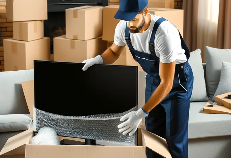 An employee of Gurgaon Movers in a uniform is carefully packing a large TV into a box. The scene is in a living room, with other packed boxes around copy